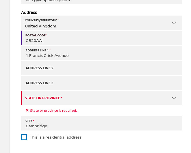Fedex order form demanding the name of a UK "state or province" that doesn;exist.